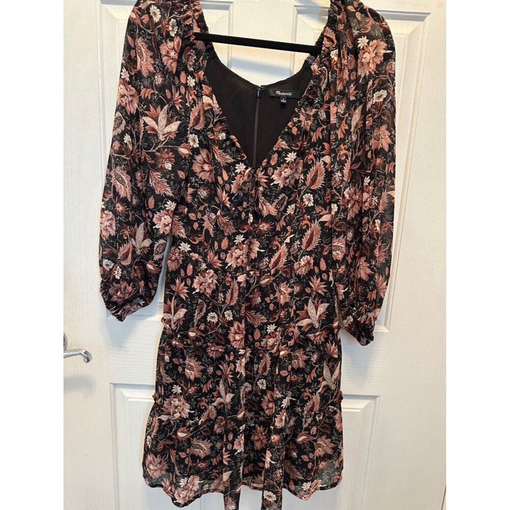 Madewell Black Floral Blouson Long Sleeve Dress